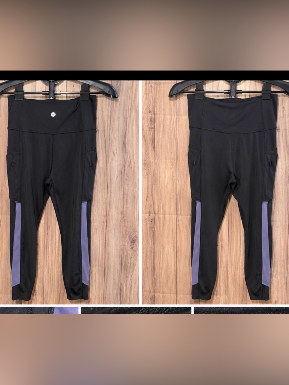 Athleta Ultimate Stash Tight Leggings Black Purple Side Zip Pockets Small🖤💜